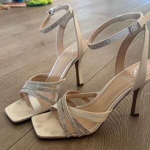 Vince Camuto Cream Strappy Heels with Rhinestones